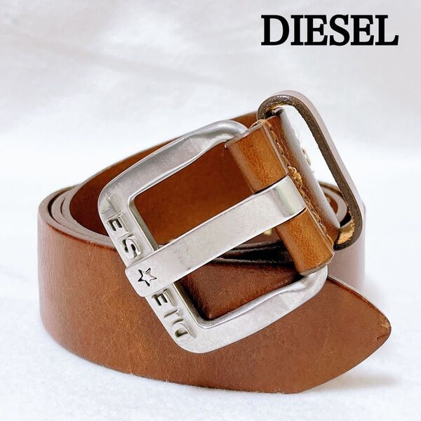 DIESEL ヴィンテージ加工 レザー ブラウン B-STAR X03721 本革 シンプル バックル ベルト 茶