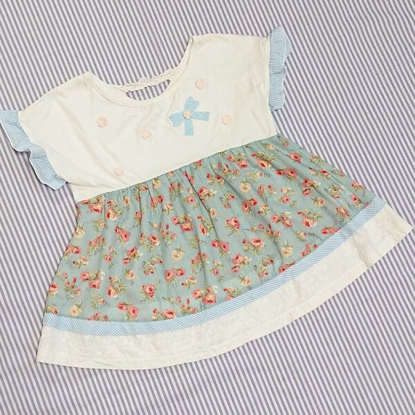Souris スーリー☆半袖カットソー☆130cm 120☆女の子 トップス Tシャツ チュニック☆リボン お花刺繍 小花柄