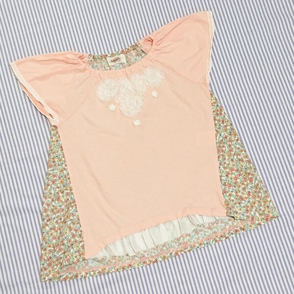 Souris スーリー☆半袖カットソー☆130cm 120☆女の子 トップス Tシャツ チュニック☆お花刺繍 チュール 小花柄