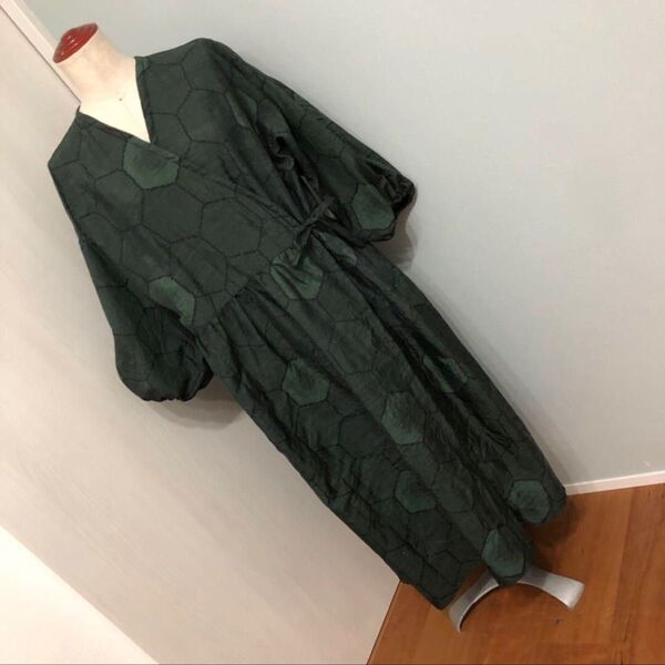 大島紬 着物 リメイク 緑 カシュクールワンピース ハンドメイド