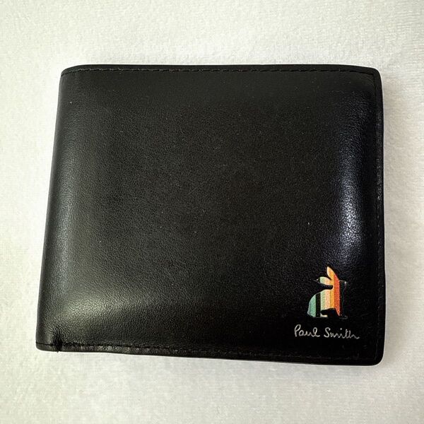 美品 Paul Smith ポールスミス 二つ折り財布 レザー ブラック ウォレット 黒 マーケトリーストライプラビット