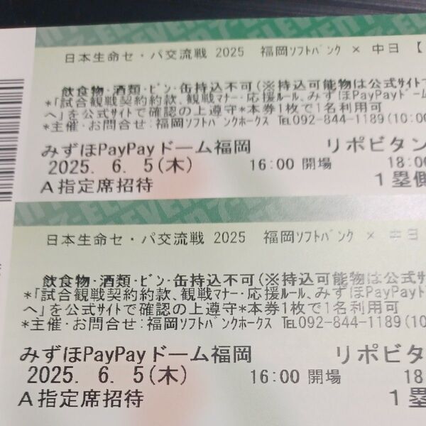 6月5日(木) ソフトバンク VS 中日 A指定席 ペア PayPayドーム