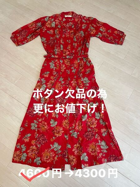 花柄 ロングワンピース レッド系 七分袖