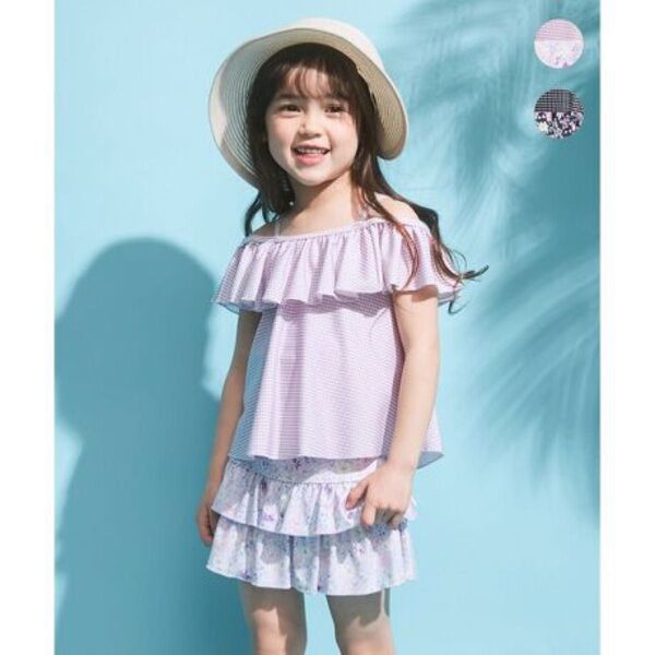 エニィファム 水着 100 女の子 セパレート パープル チェック 花柄