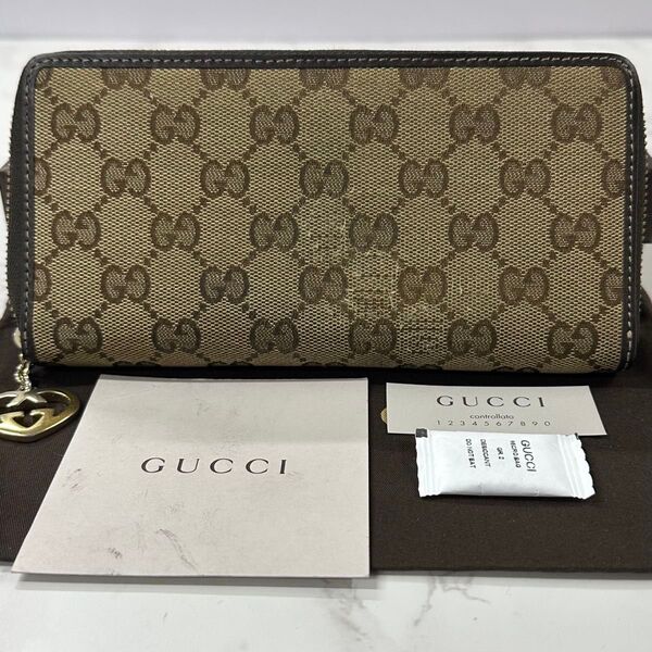 良品! グッチ GUCCI 財布 長財布 GGキャンバス ハート金具 ラウンドファスナー