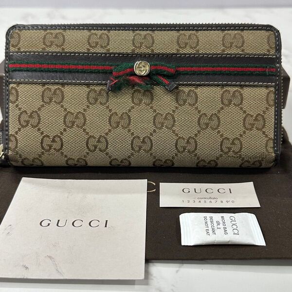 新品同様! グッチ GUCCI 財布 長財布 GGキャンバス シェリーライン リボン ラウンドファスナー