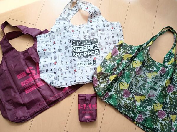 ★3個セット★レア★【MONOPRIX★モノプリ】★エコバッグ★パリ柄★リーフ柄★廃盤★モンステラ★