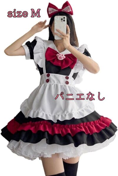 コスプレ仮装 メイド服 制服 ロリータ リボン 赤黒 エプロン S M 5点セット ハロウィン
