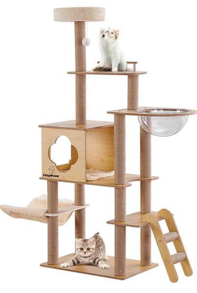 最終値下げ キャットタワー ハンモック 木製 スリムデザイン 高さ約156cm キャットタワー クリアボウル 爪とぎ