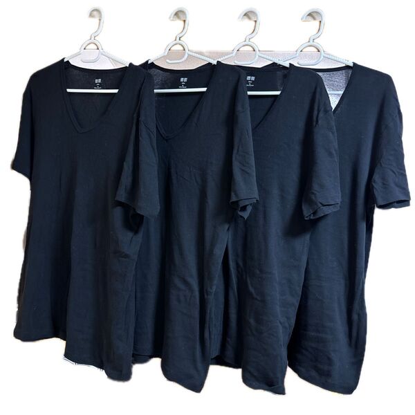 ユニクロ Vネックシャツ 4枚セット 黒 XL
