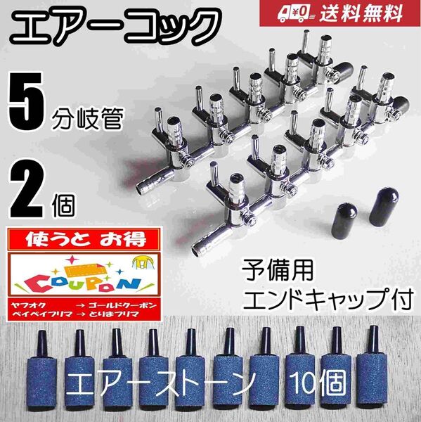 エアーコック 5分岐管 2個 + エアーストーン 10個 メダカ水槽のエアー分岐用に 一方コック5連 エアーポンプ圧調整に
