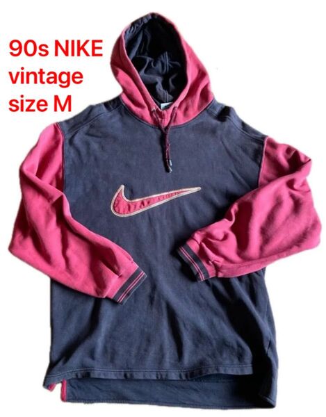 レア VINTAGE ビンテージ9O'S NIKE ナイキ パーカー プルオーバー赤黒レッド エアジョーダン 銀タグ Mサイズ