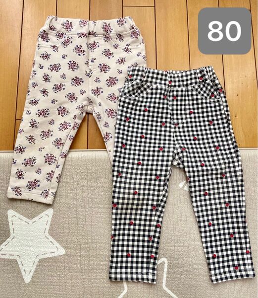 アカチャンホンポ 黒チェック苺柄 パープル花柄 パンツ 2点セット 80