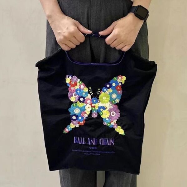 Ball&Chain 蝶 花 M 黒 エコバッグ 刺繍 軽量 撥水 大容量 折りたたみ可能 コンパクト収納 フラワーバタフライ