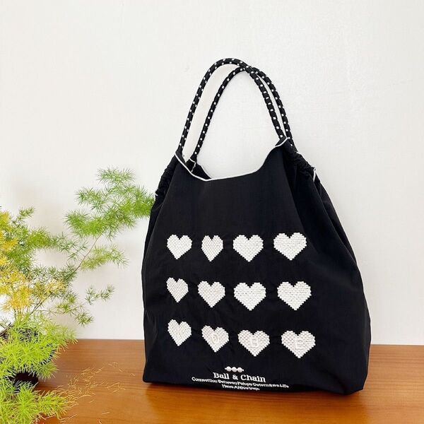 Ball&Chain ハート柄 白黒 Mサイズ エコバッグ 刺繍 撥水 軽量 大容量 折りたたみ可能 コンパクト収納 ブラック