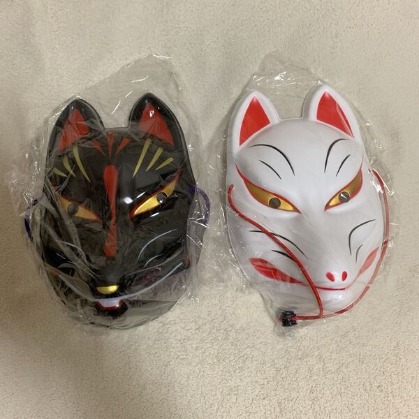 キツネ お面 白 黒 2個セット お祭り ハロウィン 結婚式 前撮り 披露宴 余興 イベント コスプレ 和 古風 神社 縁結び 狐