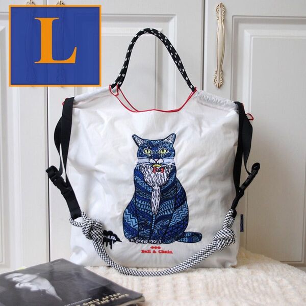 Ball&Chain 猫柄 エコバッグ ホワイト Lサイズ 白黒ショルダー用ストラップ付き 軽量 撥水 大容量 折りたたみ可能