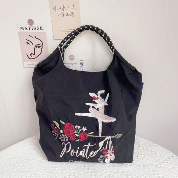 Ball&Chain うさぎ×バレエ Mサイズ 黒 エコバッグ 刺繍 撥水 軽量 大容量 折りたたみ可能 コンパクト収納 ブラック