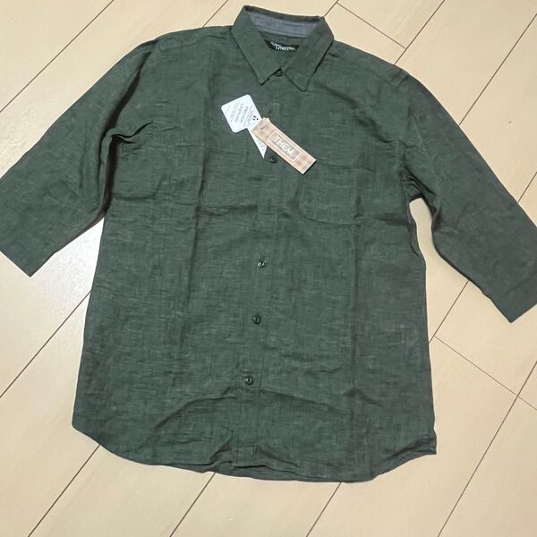 値下げ 新品 THEM 七分袖シャツ メンズ L カーキグリーン 未使用 リネンシャツ
