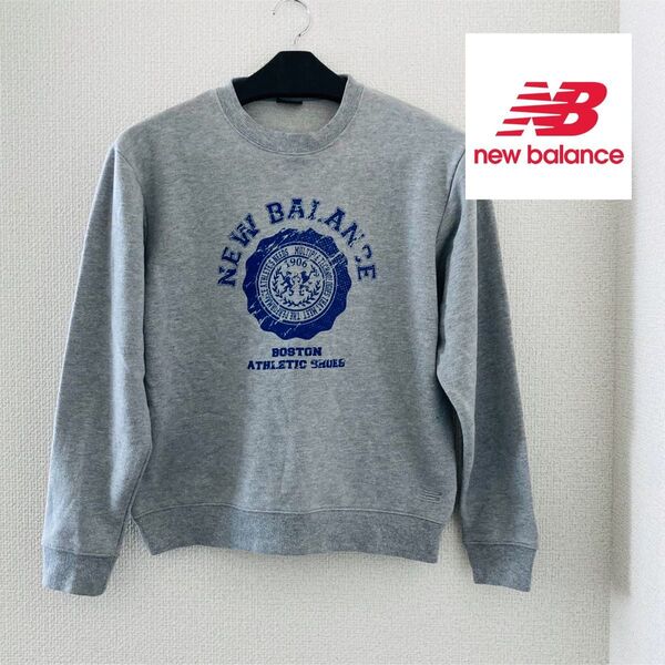 New Balance 長袖 クルーネック プリント スウェット トレーナー 杢グレー メンズM 男女兼用