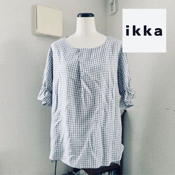 ikka 七分袖 ラウンドネック チェック柄 チュニック グレー ゆったりM オーバーサイズブラウス