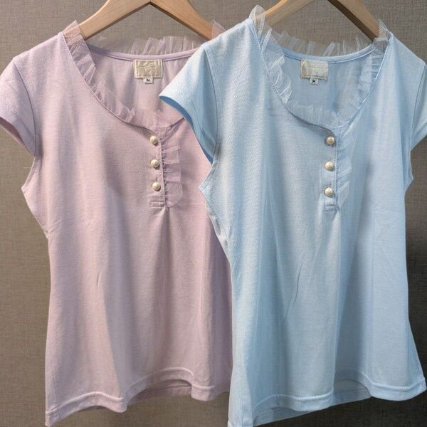 半袖Tシャツ チュールレース Mサイズ 2枚セット採寸 ブルー&パープル