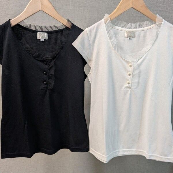 半袖Tシャツ チュールレース Mサイズ 2枚セット採寸 ブラック&ホワイト