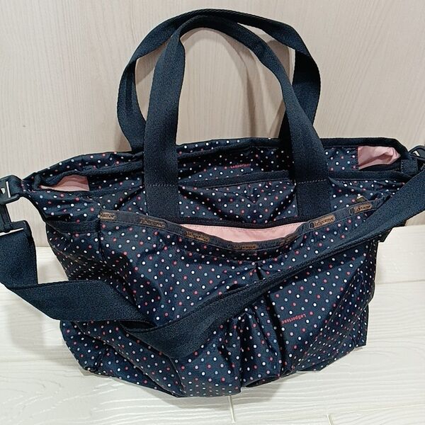 LeSportsac レスポートサック ショルダーバッグ 2WAY マザーズバッグ ドッド柄 紺×ピンク バッグ×