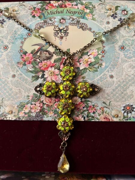 クーポンとWでお得割引◎ミハエルネグリン Michal Negrin◎アンティーク調加工シトリンクロス雫ネックレスオーダー保管美品