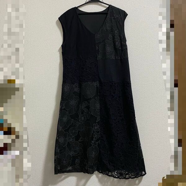Titilate Valet ティティレートヴァレット 異素材ワンピース 花柄 レース 刺繍 黒 ブラック ノースリーブ クルー