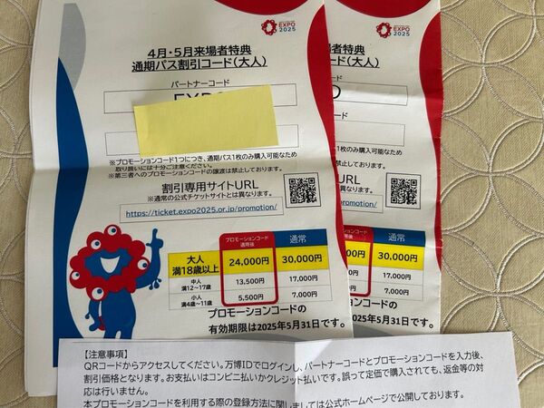 大阪・関西万博2025 通期パス割引コード(大人)2名分
