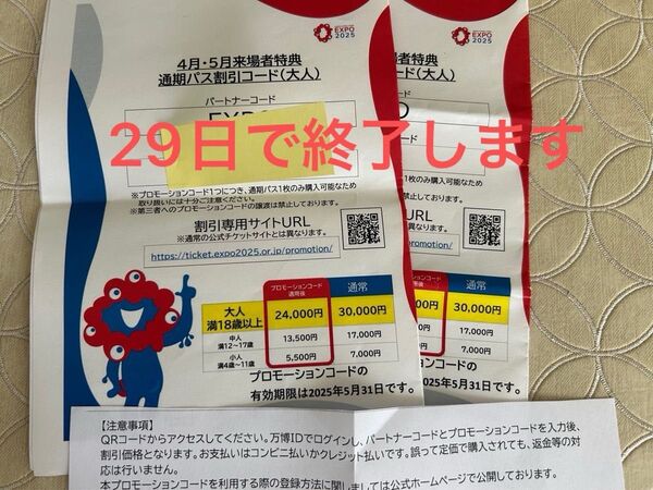 大阪・関西万博2025 通期パス割引コード(大人)2名分