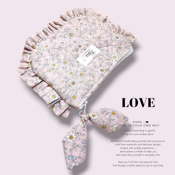 ハンドメイド お花のフリルポーチ ピンク