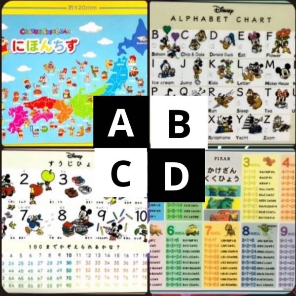 おふろポスター 4種類セット くく すうじ アルファベット にほんちず 知育 クレヨンしんちゃん ニモ カーズ ミッキー お受験
