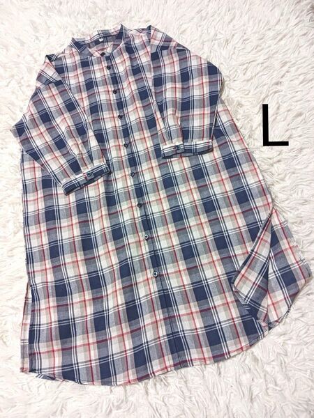 MEICONNE 七分袖 シャツワンピース ノーカラー チェック柄 L 最終価格