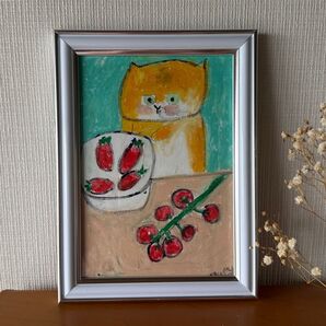 絵画。原画【かわいい橘猫とトマト】