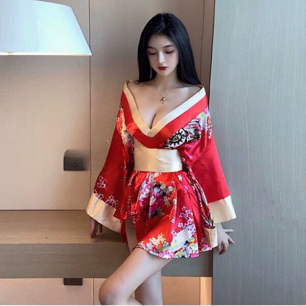 和風 和装 コスプレ セクシー 花魁 着物風 浴衣 赤 レッド 和服 セクシーランジェリー コスプレ衣装 ナイトウェア 鮮やか花柄