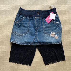 新品タグ付き 刺繍付きデニムスカッツ デニムスカート&スパッツセット140