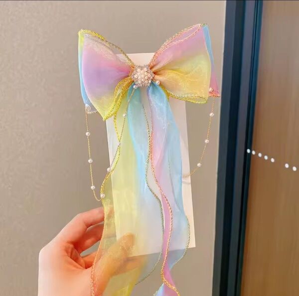 イエロー リボン ヘアアクセサリー ヘア クリップ キッズ 女の子 華やか お呼ばれ