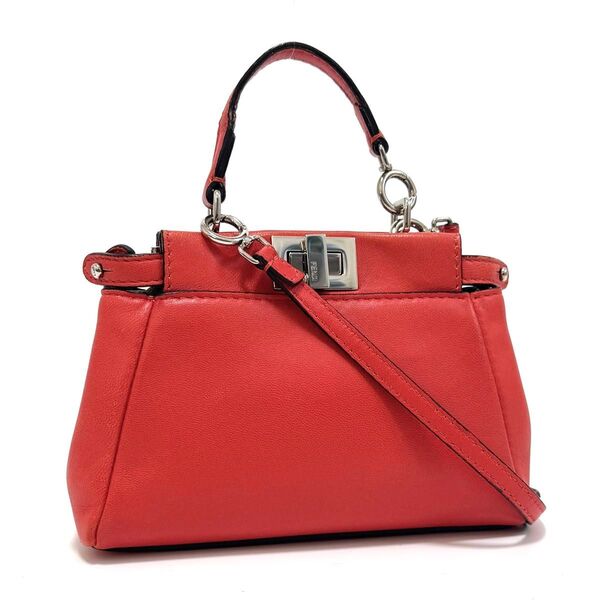 フェンディ マイクロ ピーカブー 2way ハンドバッグ ショルダーバッグ 斜め掛 レッド 赤 シルバー レザー 本革 FENDI