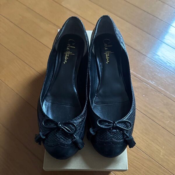 COLE HAAN コールハーン リボン フラットシューズ 黒 23.5 本革 バレエシューズ 6 1/2B