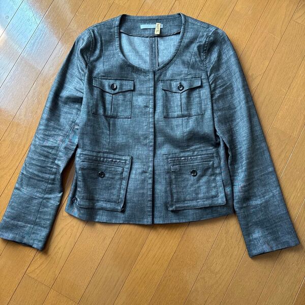 レア theory luxe セオリー ダークグレー ノーカラージャケット 薄手 ジャケット 長袖 リネン デニム風 38