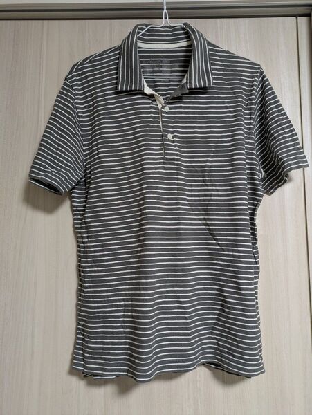 無印良品 グレー×白ボーダー綿100%半袖ポロシャツ L