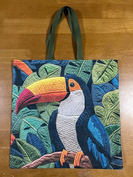 鳥柄 ハンドメイド ぺたんこトートバッグ オオハシ