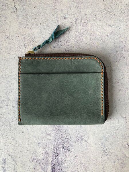 L字ファスナー財布 コンパクト財布 ハンドメイド レザーコインケース グリーン 手縫い