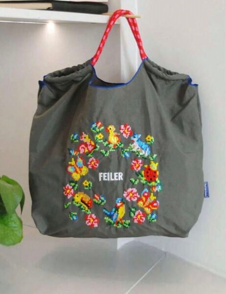 花柄 刺繍 エコバッグ グレー