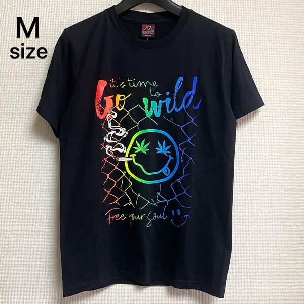 未使用タグ付き vex M スマイル 煙草ニコちゃん 蛍光レインボー色 半袖Tシャツ カットソー ブラック 男女兼用 ユニセックス