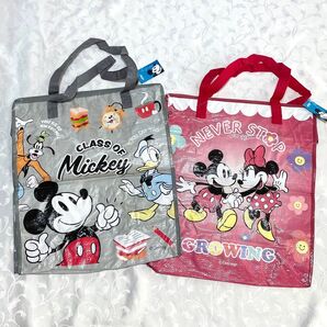 未使用タグ付き ディズニー ミッキー&ミニー ショッピングバッグ ビッグサイズエコバッグ 収納トートバッグ レッド グレー