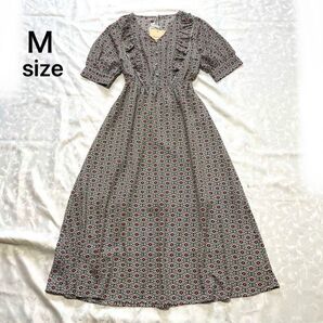 未使用タグ付き Mサイズ MouthValley 総柄 半袖ロングワンピース エスニック調 レトロ ヴィンテージ風
