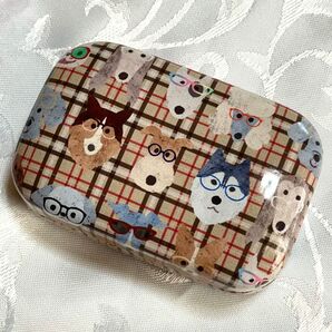 未使用 携帯用アクセサリーケース 小物入れ チェック×犬柄 ドッグ ブラウン